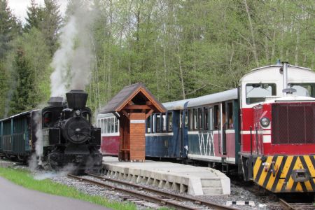 Mimoriadny parný vlak ČHŽ v stanici Vydrovo Korytárske križuje s pravidelným turistickým vláčikom